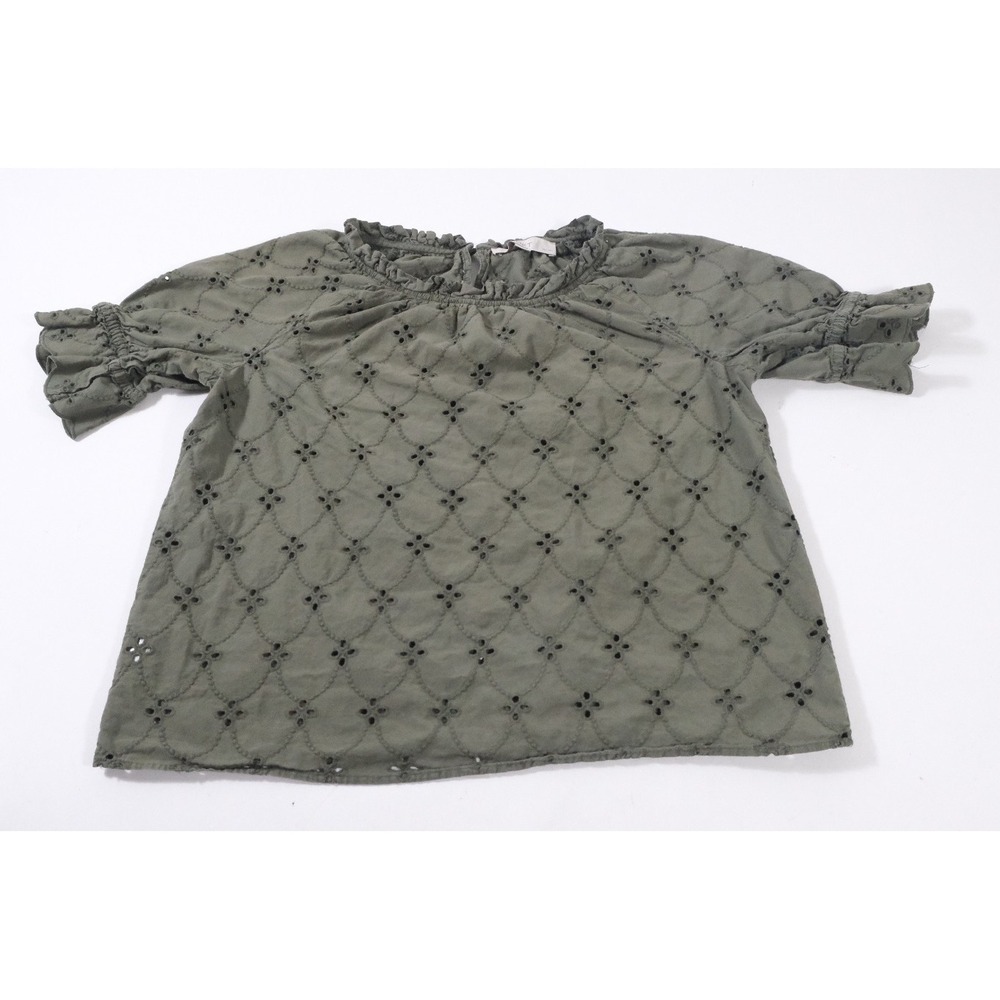 Loft Blouse Womens‎ XSP Olive Green Eyelet Ruffle Sleeve Cotton Top Petites